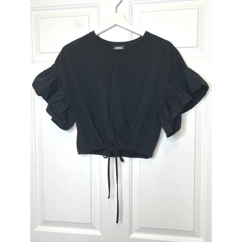 Express Flutter Sleeve Crop Top Small Black Drawstring Cinch